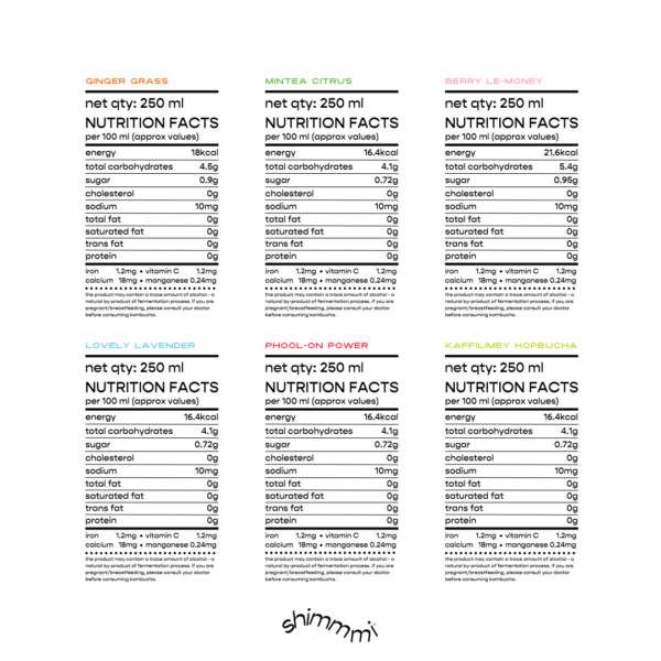 Shimmmi Kombucha - Assorted Box - Ginger Grass, Mintea Citrus, Phool-on Power, Lovely Lavender, Berry Le-money & Kaffilimey Hopbucha Sparkling Fermented Tea