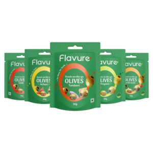 Flavure - Pitted Olives Combo - Tandoori, Achari, Chilli, Chilli Garlic, Oregano - Healthy Snacks - Healthy Appetizers