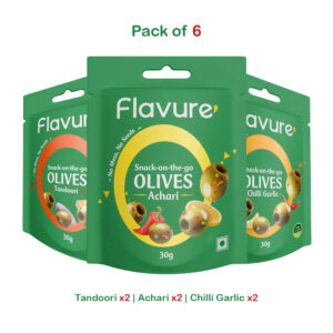 Flavure - Pitted Olives Combo - Tandoori Achari Chilli Garlic - Healthy Snacks - Healthy Appetizers