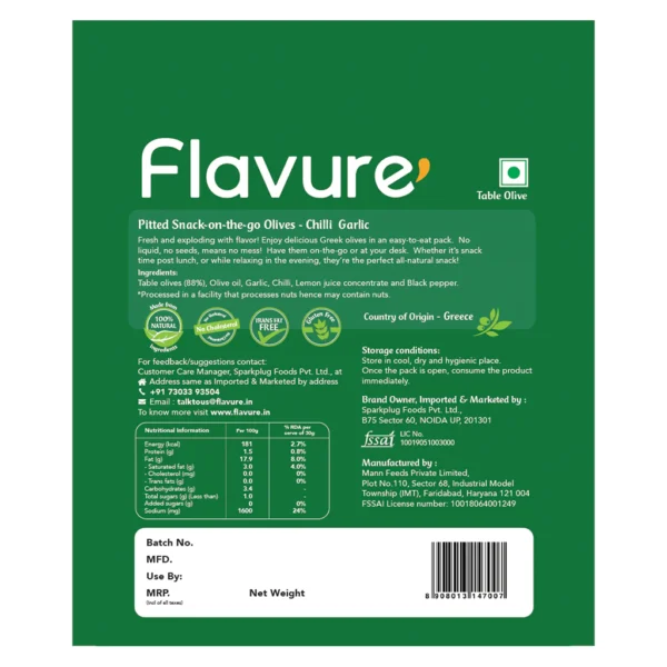 Flavure - Pitted Olives - Chilli Garlic - Healthy Snacks - Healthy Appetizers